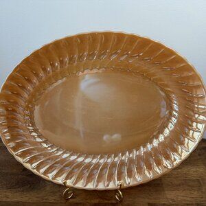 Vintage‎ Anchor Hocking Fire-King Peach Luster Oval Serving Platter Ribbed Edge